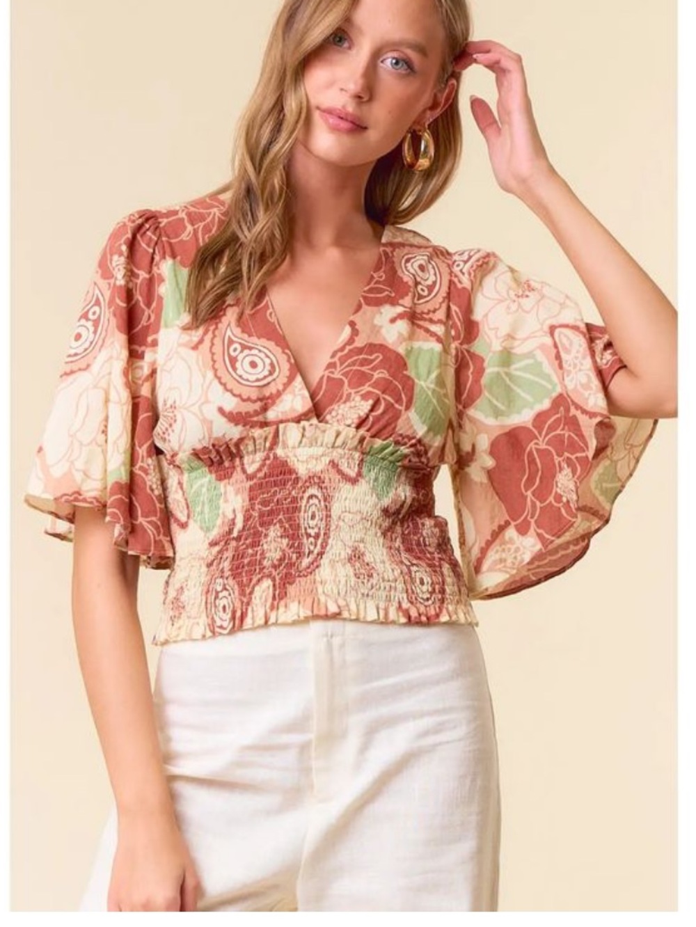 Doe & Rae Floral Paisley V-Neck Crop Top Smocked Waist Flared Sleeve Boho Large